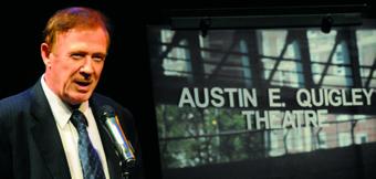 Austin E. Quigley speaks at the dedication of the Lerner Hall Black Box Theatre in his honor.  PHOTO: EILEEN BARROSO